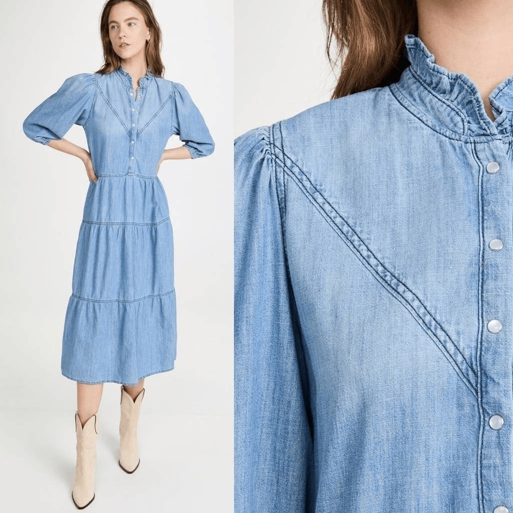 ba&sh Paris Light Blue Denim Midi Dress Size 1 US 4 Tiered Prairie Style willow